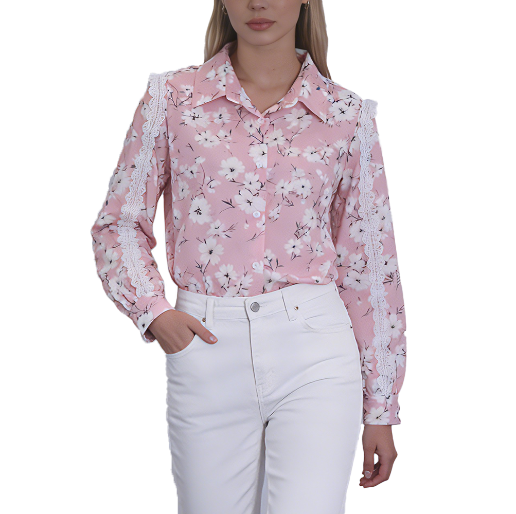 Lace Sleeve Print Shirt