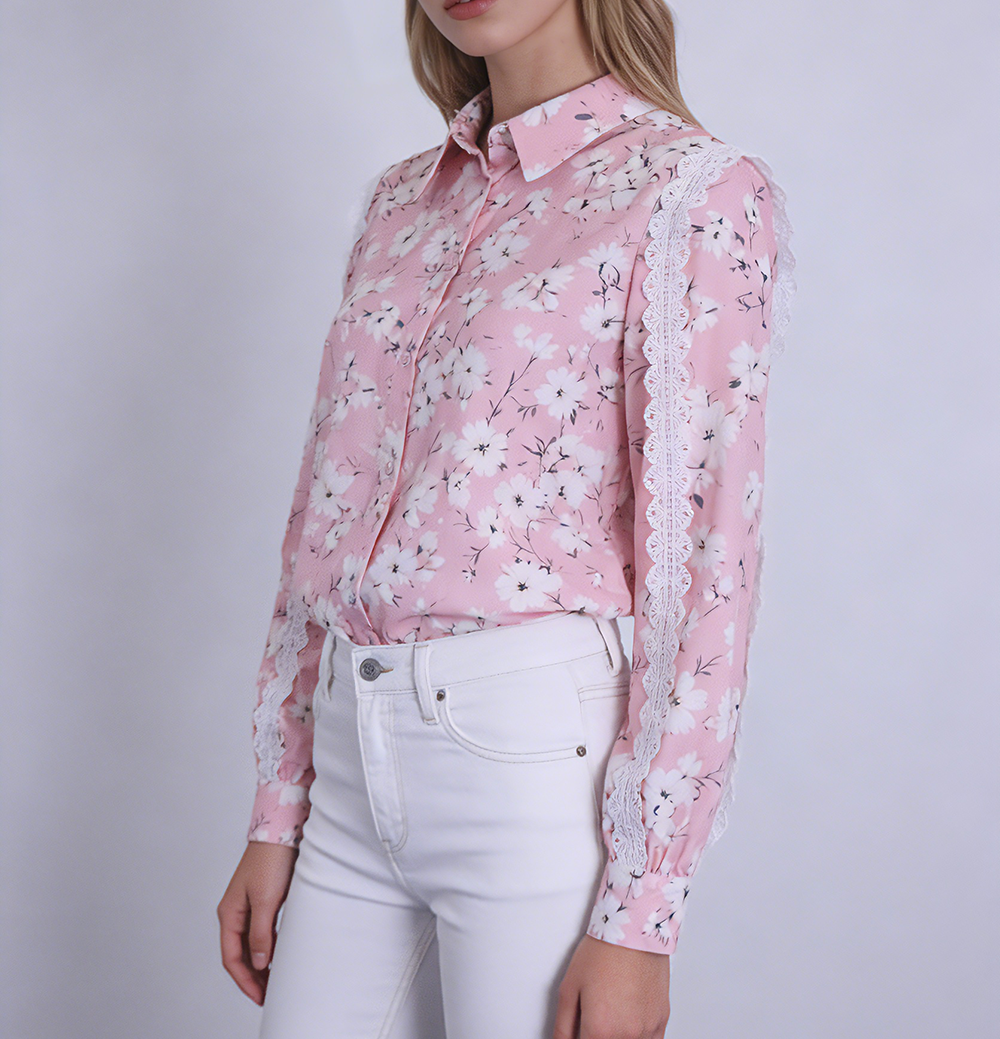 Lace Sleeve Print Shirt