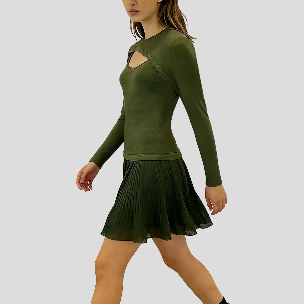 Chest-Cutout Pleated Chiffon Dress