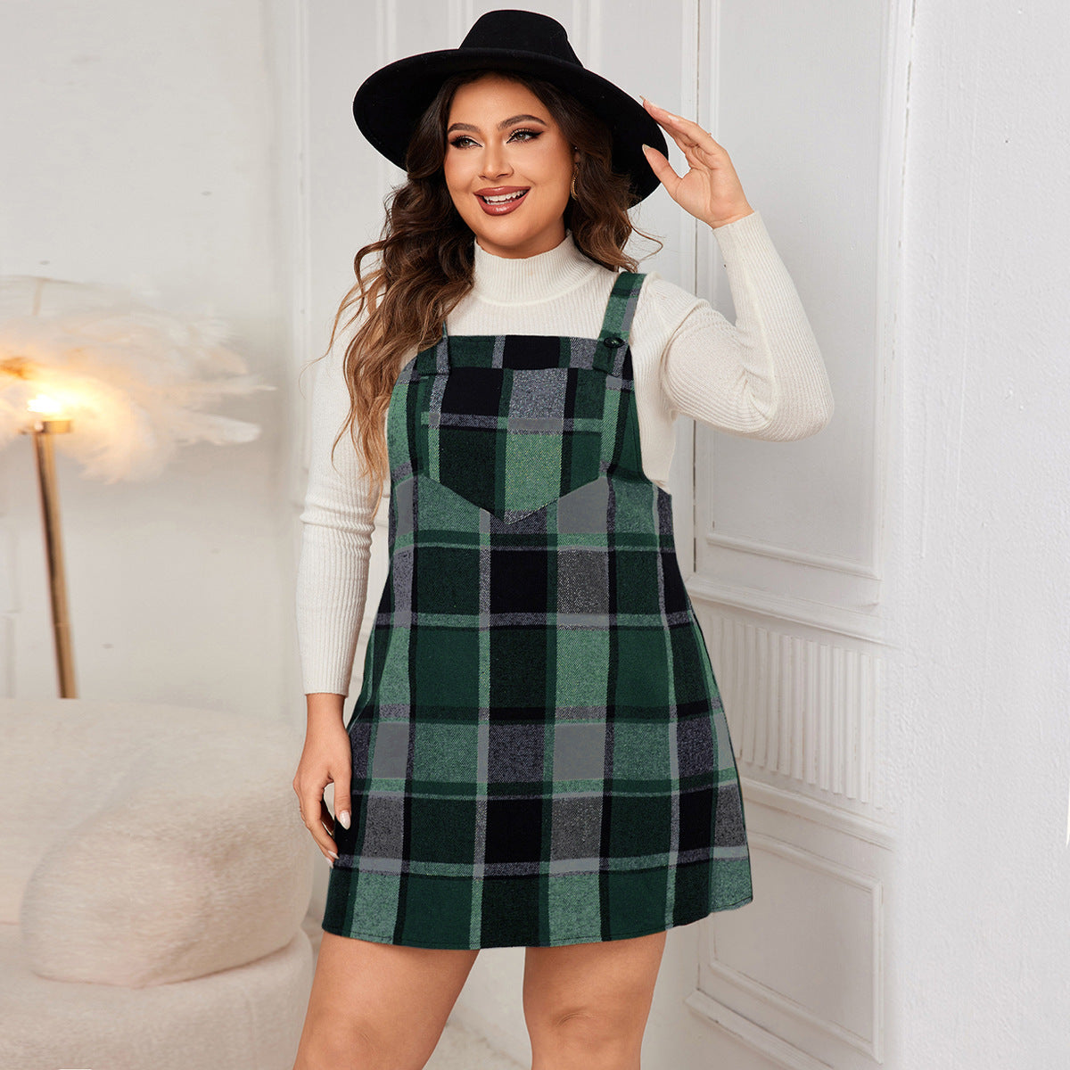 Plaid V-Neck Pinafore Dress