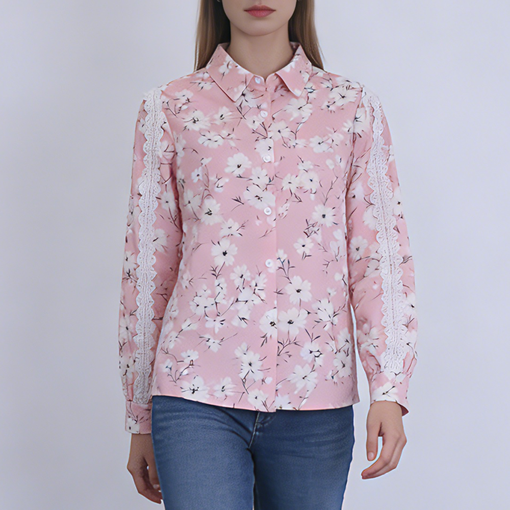 Lace Sleeve Print Shirt