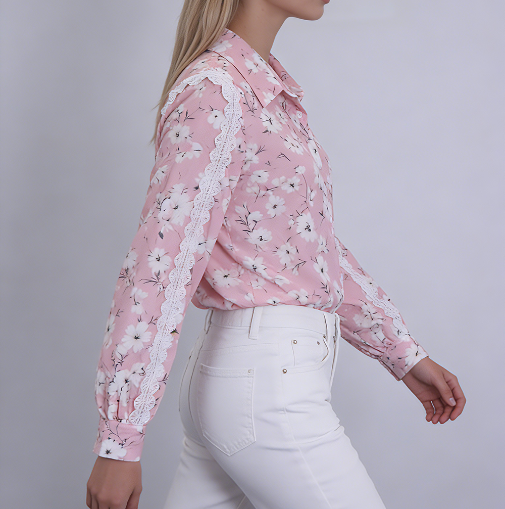 Lace Sleeve Print Shirt