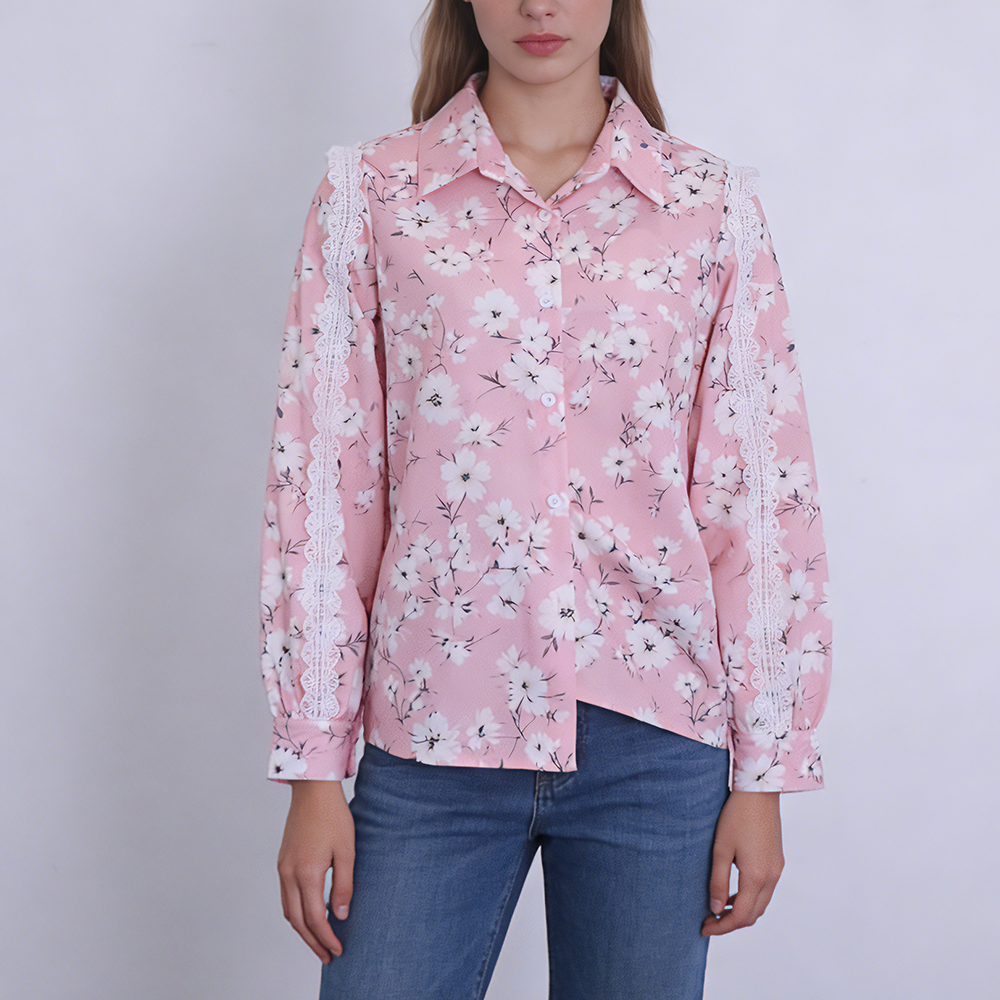 Lace Sleeve Print Shirt