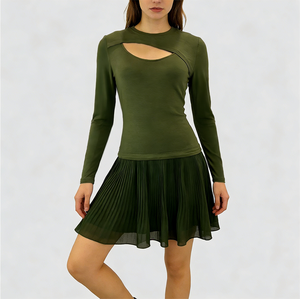 Chest-Cutout Pleated Chiffon Dress