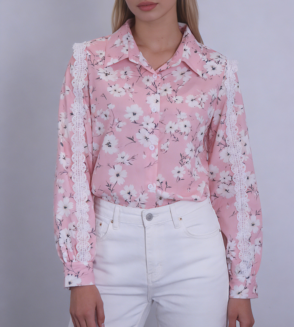 Lace Sleeve Print Shirt
