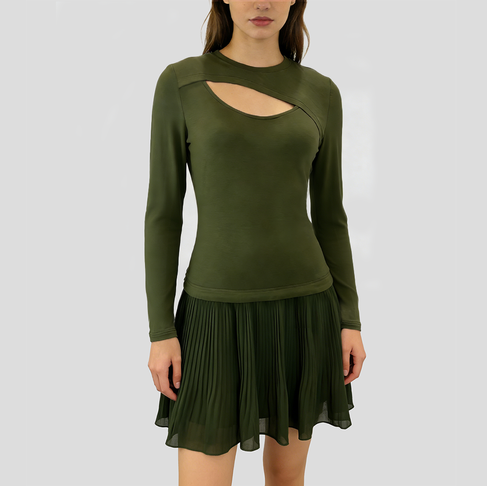 Chest-Cutout Pleated Chiffon Dress