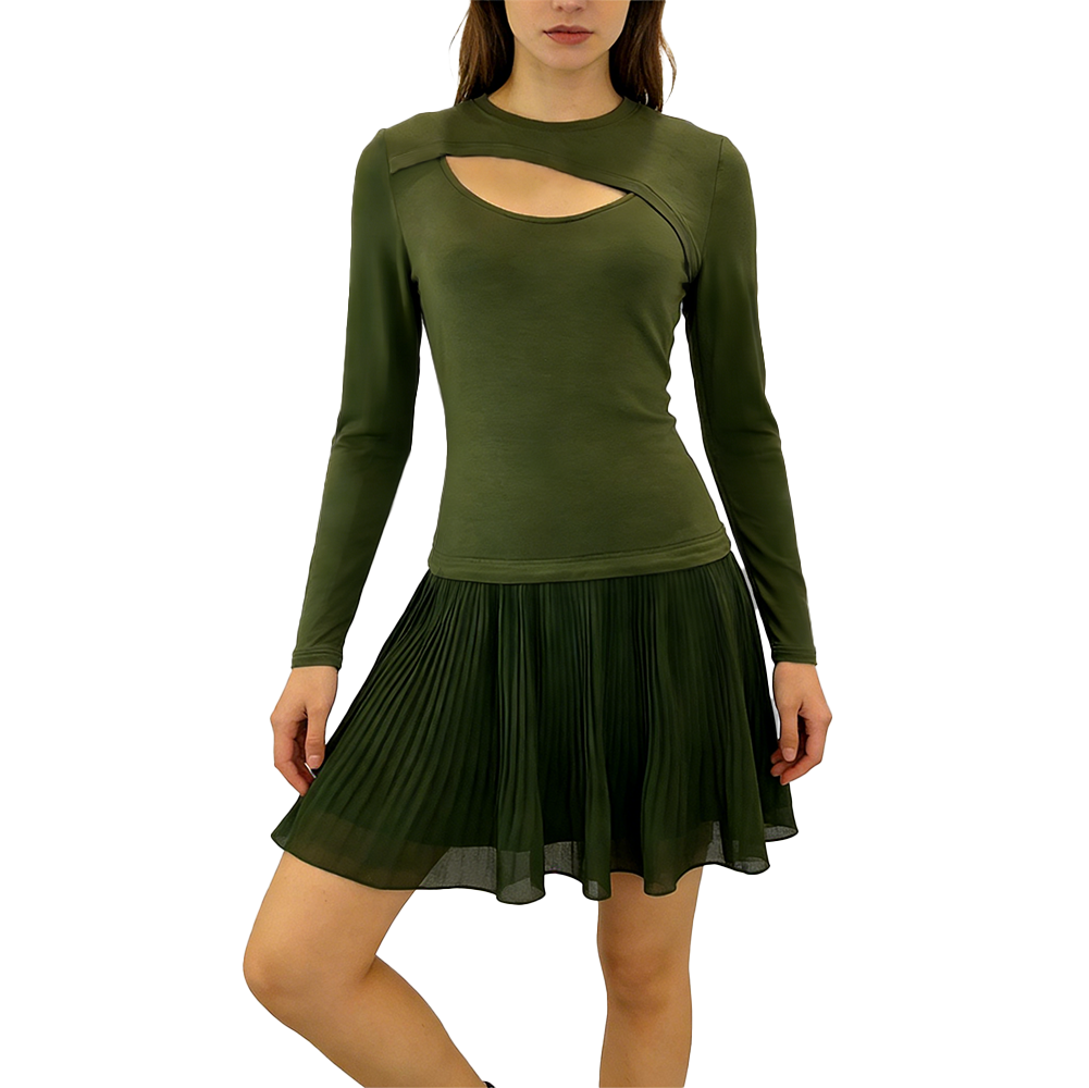 Chest-Cutout Pleated Chiffon Dress