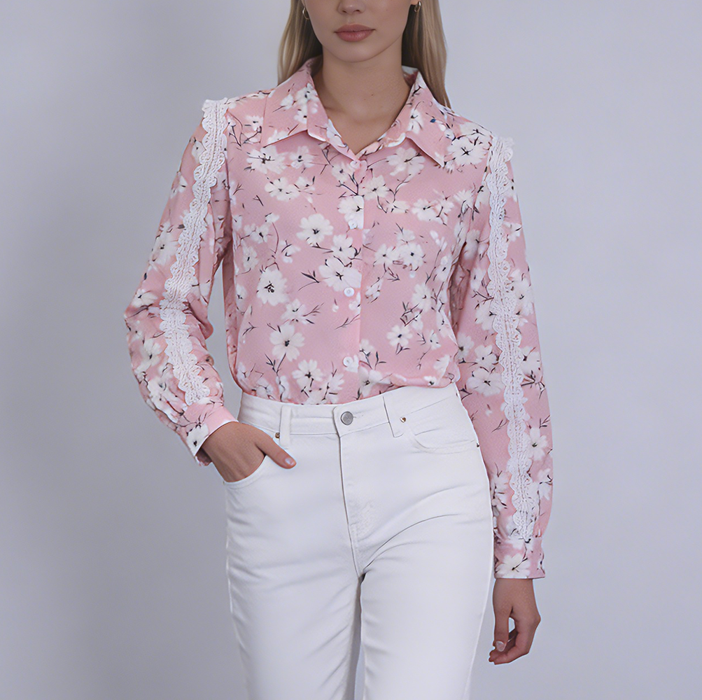 Lace Sleeve Print Shirt