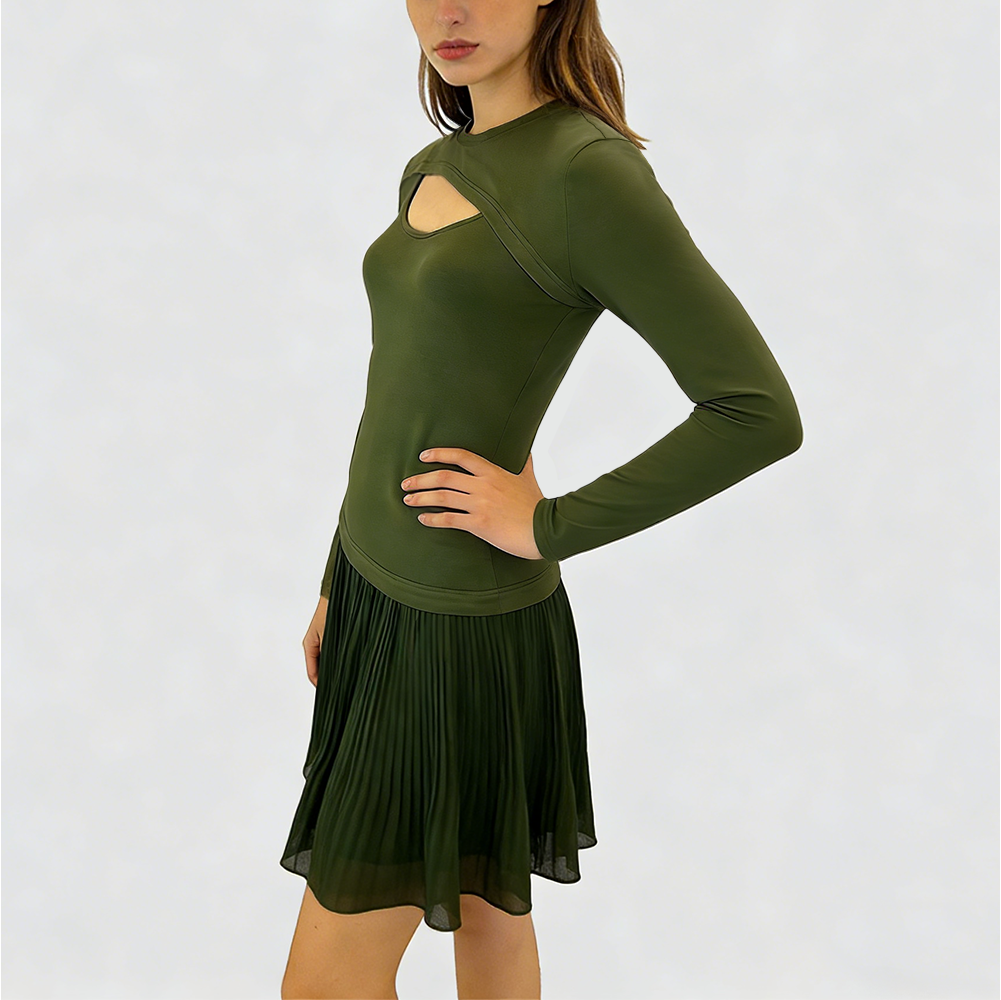Chest-Cutout Pleated Chiffon Dress